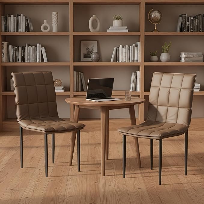 Dining Chairs Set of 2, PU Leather Upholstered Kitchen Chair with Metal Legs, Modern Accent Chairs, Brown Dinner Chairs for Kitchen, Dining Room, Restaurant, Cafe, Bedroom, Balcony, Courtyard
