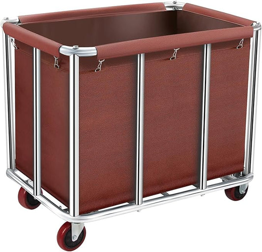 Commercial Laundry Cart on Wheels, 11.35 Bushels Large Roller with Removable Waterproof Canvas Lined Basket, Heavy Duty Stainless Steel for Hotels and Hospitals