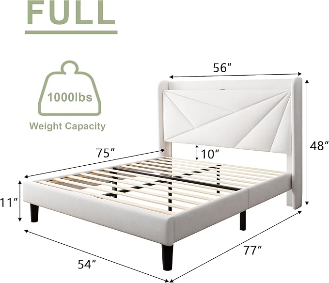 Feonase Full Bed Frame with Charging Station, Velvet Upholstered Platform Bedframe with Wingback Headboard, Solid Wood Slats Support, Noise Free, No Box Spring Needed, White