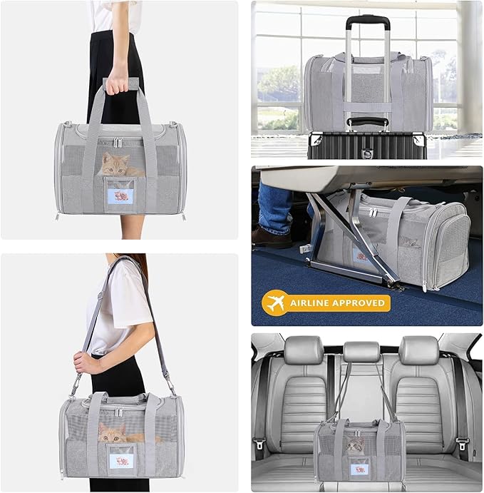 Pet Carrier TSA Airline Approved Small Dogs, Kitten, Carriers for Small Medium Cats Under 15lb, Collapsible Soft Sided Cat Travel Carrier-Grey