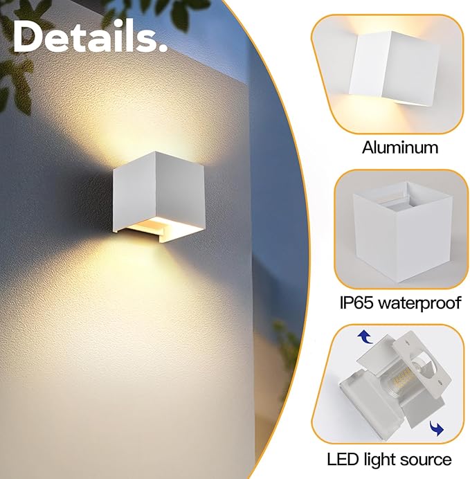 2 Pack Outdoor Wall Lights Exterior/Interior Wall Sconces Up and Down Lights IP65 Waterproof G9 Base Socket Modern Outdoor Lighting Square Aluminum White 4000K Natural Lights, Adjustable Light Angle