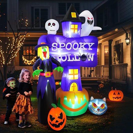 8F Halloween Inflatable Witch with Ghost Tombstones Black Cat Pumpkin Skeletons Scary Halloween Decorations, Indoor Outdoor Spooky Blow Up Yard Decorations for Garden Party Holiday Lawn Office Decor