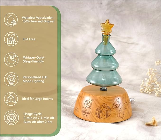 Christmas Tree Aromatherapy Diffuser for Essential Oil, Waterless Glass Nebulizer w/ Auto-Off Switch, Best Christmas Gifts & Decoration Ideas for Women, Friends, Family