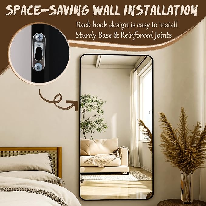 76"x34" Floor Full Length Mirror Standing Full Body Rounded Corner Rectangle Mirrors with Stand Hanging Wall Mounted Leaning Bedroom Living Room Bedroom Cloakroom,Black