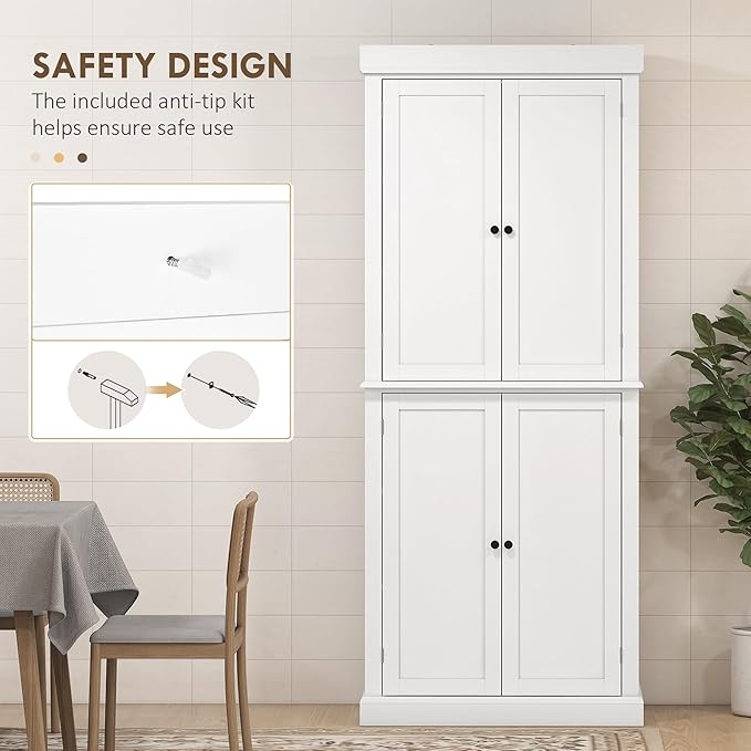 HOMCOM 72.5" Freestanding Kitchen Pantry Cabinet, Tall Storage Cabinet with 4 Doors and 2 Adjustable Shelves for Dining Room, White