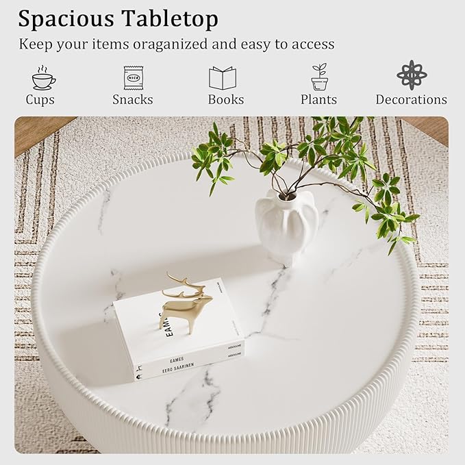 White Round Coffee Table with Sintered Stone Tabletop, 27.56" Drum Coffee Table with Fluted PU Leather Covered and Metal Base, Circle Cocktail Tea Table for Living Room