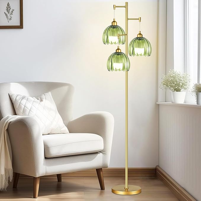 Vintage Floor Lamps for Living Room-3 Light Gold Floor Lamp with Three Bulbs & Glass Lampshape,Glass Mid Century Modern Standing Lamp Tree Tall Flower Floor Lamp for Bedroom Living Room,Corner