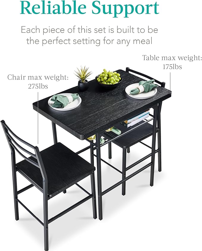Best Choice Products 3-Piece Modern Dining Set, Space Saving Dinette for Kitchen, Dining Room, Small Space w/Steel Frame, Built-in Storage Rack - Black/Black