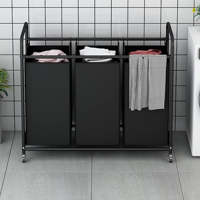 LINZINAR 3-Bag Laundry Basket Hamper Laundry Sorter Cart laundry room organization with Heavy Duty Rolling Lockable Wheels and Removable Bags (Black)