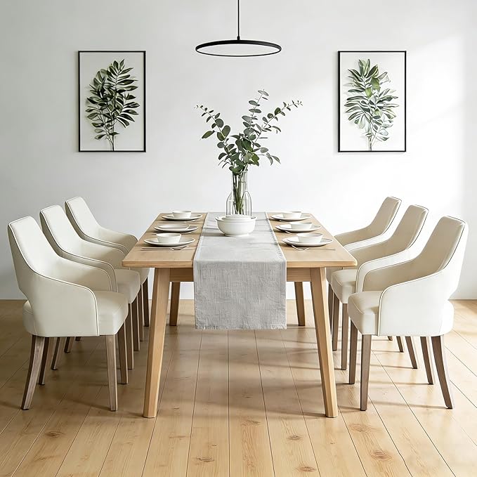 Linen Dining Chairs Set of 6, Upholstered Farmhouse Kitchen Chair Accent Chairs Side Chair with Wood Legs for Living Room/Dining Room/Bedroom/Restaurant, Upgraded Size, Cream