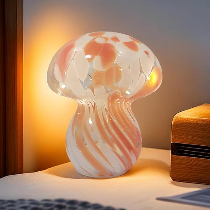 Mushroom Table Lamps Night Lights Cute Glass Nightstand Bedside Desk Lamps for Bedroom Living Study(Bulb Included) - Red