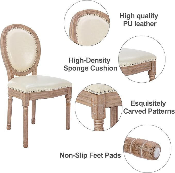 Nrizc French Country Dining Chairs Set of 2, Leather Farmhouse Dining Room Chairs with Round Back, Solid Wood Legs, Oval Side Chairs for Kitchen/Bedroom/Dining Room