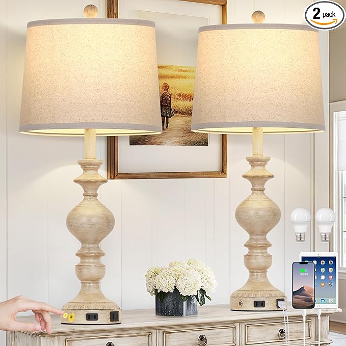 28" Farmhouse Table Lamps Set of 2, Rustic Lamp for Living Room with USB C+A Ports & AC Outlet, 3 Way Touch Control Resin Bedside Lamps, Retro Bedroom Lamp for Nightstand Side End Table Desk, Beige