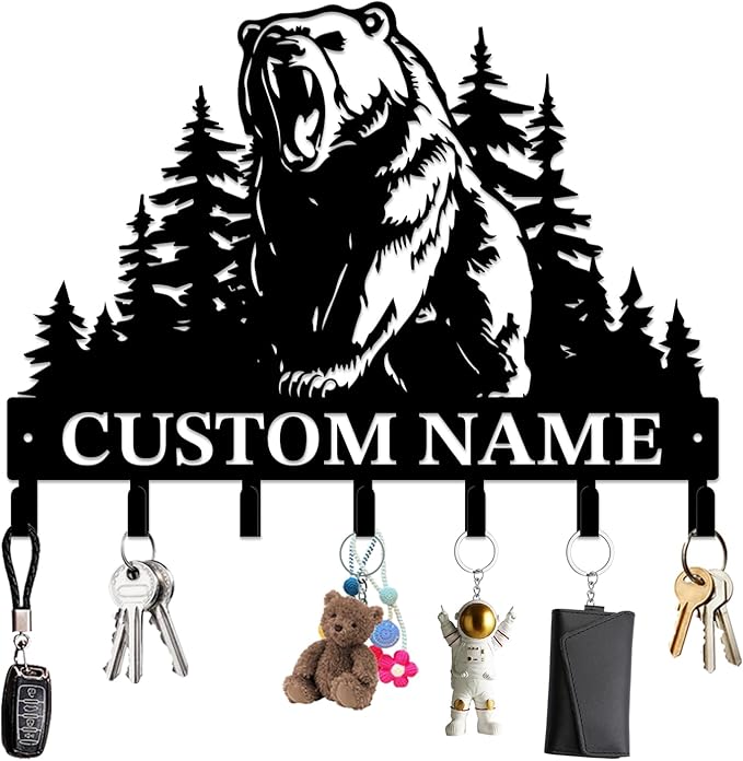 Personalized Custom Name Bear Key Wall Hooks,Metal Bear Keys Clothes Hooks,Metal Bear Wall Home Storage Decorative,For Front Door, Hallway, Kitchen, Bedroom,Keys,Hats (Style M)