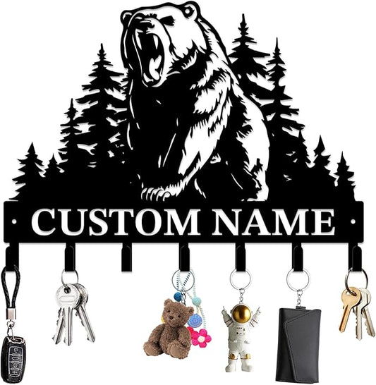 Personalized Custom Name Bear Key Wall Hooks,Metal Bear Keys Clothes Hooks,Metal Bear Wall Home Storage Decorative,For Front Door, Hallway, Kitchen, Bedroom,Keys,Hats (Style M)