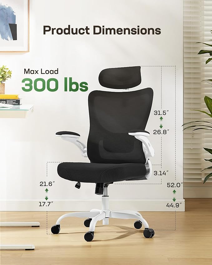 Marsail Ergonomic Office Chair: Office Desk Chair with High Back Mesh and Adjustable Lumbar Support Rolling Work Swivel Task Chairs with Wheel 3D Armrests and Headrest