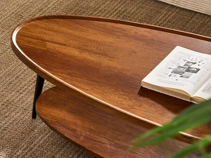 Shrine Oval Coffee Table, Mid-Century Modern Coffee Table, Brown Walnut Wood Table for Living Room, D47''x W23.6''x H15'', Sleek Conical Metal Legs with Black Finish