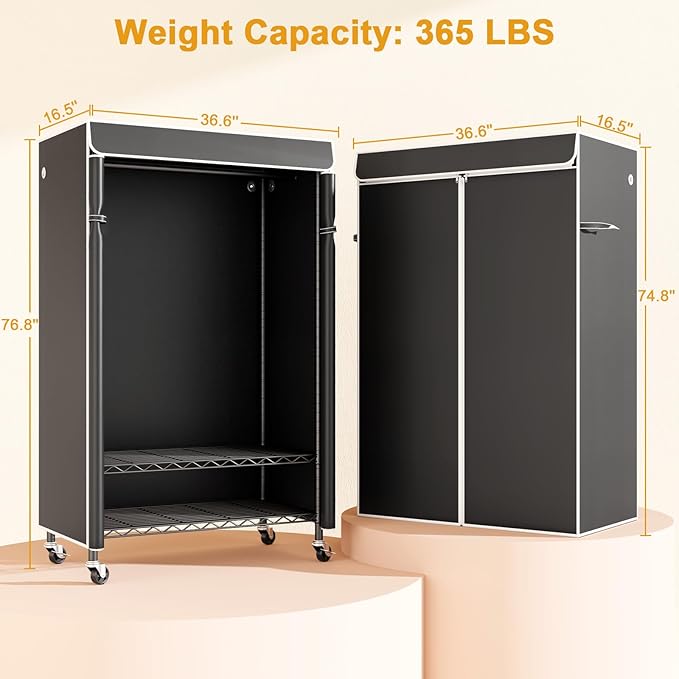 P6C Rolling Clothes Rack with Cover, Covered Clothing Racks Heavy Duty, Portable Closet for Hanging Clothes, Garment Racks on Wheels, Black Closet Rack with Black Cover, Max Load 365LBS