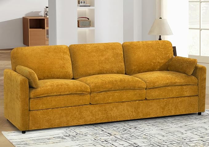 89" Chenille Modern Couch with Cozy & Soft Backrests, 3 Seats Sofa with 2 Extra Pillows, Comfy Upholstered Sofa with Thicker Cushions for Living Room, Office,Yellow