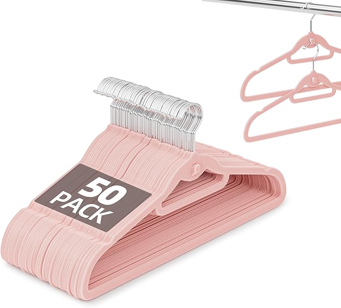 Velvet Hangers 50 Pack Pink, Non Slip Stackable Clothes Hangers with Cascading Hooks, Ultra Thin and Space Saving Felt Hangers with Tie Bar, 360° Swivel Hooks, Heavy Duty for Suit Coat Shirt Pant