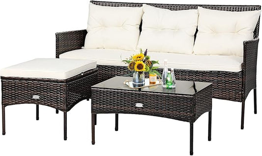 Tangkula 3 Pieces Patio Conversation Set, Outdoor PE Rattan Wicker Furniture Set W/Cozy Cushions, All Weather Sectional Sofa Set W/Tempered Glass Coffee Table for Poolside, Backyard, Garden