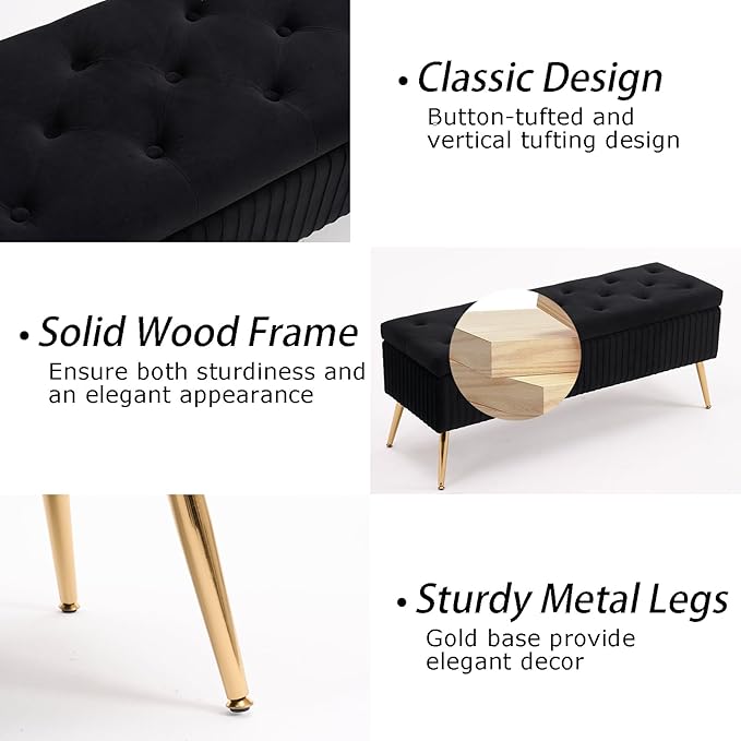 Velvet Storage Bench for Bedroom, Rectangle Upholstered End of Bed Bench Modern Tufted Ottoman with Gold Legs for Living Room/Window/Entryway (Black-45.5" W)