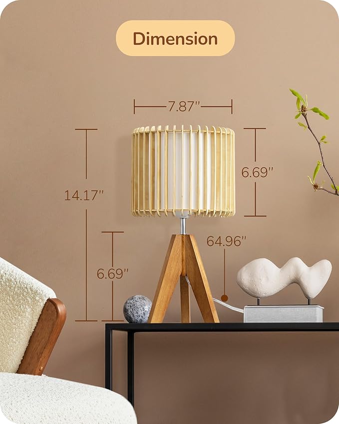 EDISHINE 14.17" Small Table Lamp, Wood Tripod Bedside Lamp, Natural Wood-Colored Hollow & White PVC Shade, E26 Base, Boho Nightstand Lamp for Bedroom, Living Room, Office, Study
