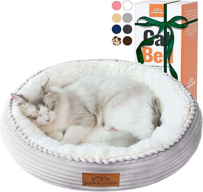 20in Washable Cat Beds for Indoor Cats - Round Donut Pet Bed for Cats, Small Dogs, Puppy, Kitten - Anti-Slip Bottom, Calming Bed Gift - Ideal for Every Home Space - Light Grey