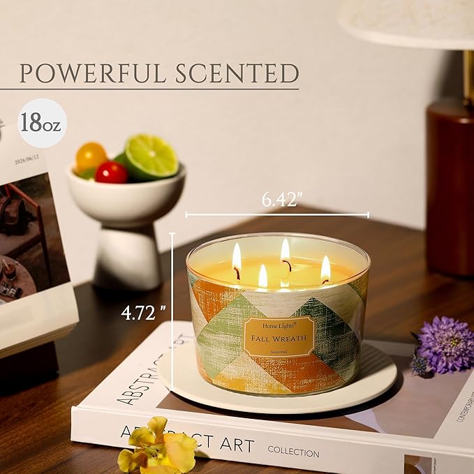 HomeLights Soy Wax Candles for Home Scented, 4-Wick Candles in Fall Wreath Scented, Rustic Modern Aromatherapy Candles Gift for Parties, Relaxing, 18oz