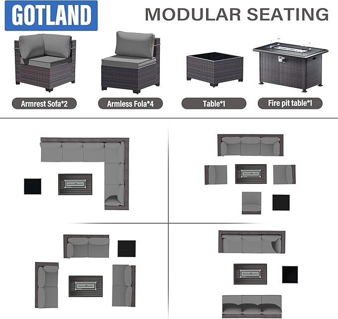 Gotland 8 Pieces Patio Furniture Set with Fire Pit Table, All Weather Rattan Outdoor Furniture with 29.5'' High Backrest 4’’ Thick Cushions Coffee Table, Outdoor Sectional for Porch, Deck, Gray