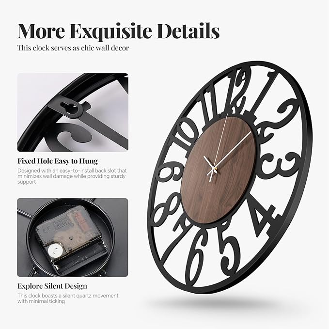 30" Extra Large Wall Clock, Modern Battery Operated Silent Non Ticking 30 inch Decorative Wood Metal Wall Clock, Black Round Big Clocks for Living Room, Bedroom, Kitchen, Office Decor-Arabic Numerals