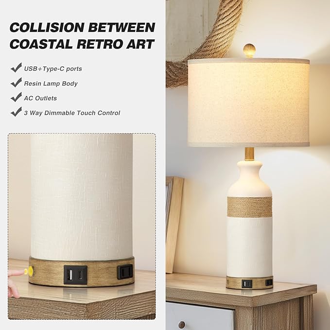 Boho Rattan Table Lamps for Bedroom Nightstand 26" Farmhouse Bedside lamp Set of 2 with USB C+A Ports & AC Outlet,3-Way Dimmable Touch Control Vintage Lamps for Living Room(Include Bulbs)