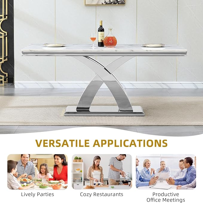 Goujxcy 68" Luxury Marble Dining Table for 6-8, Modern Rectangle White Faux Marble Kitchen Dining Room Table with Silver X-Shape Stainless Steel Pedestal Base for Kitchen Dining Room