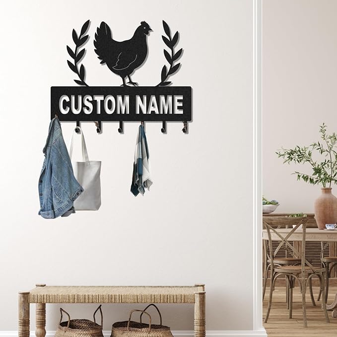 Personalized Key Holder for Wall, Custom Metal Chicken Key Hooks with Name, Meta Jacket Holder Hooks Organizer Rack, Jacket Hanger Decor for Kitchen, Entryway, Hallway, Office, Doorway