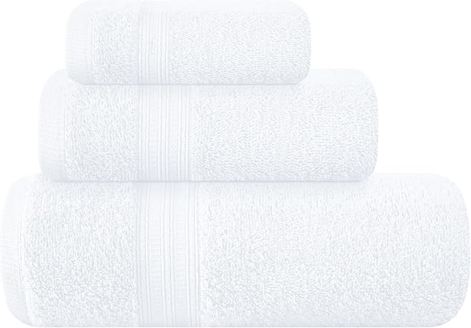 BOUTIQUO Ultra Soft 3 Pack Cotton Towel Set, Contains a Bath Towels 27x54 inch, a Hand Towels 16x24 inch & a Wash Coths 12x12 inch, Ideal Everyday use, Compact & Lightweight - White