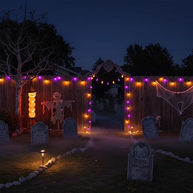 Halloween Purple Orange String Lights Outdoor 25Ft, 25 C7 LED Purple Orange Bulbs with 2 Spare, Connectable Waterproof Patio Porch Yard Fence Pathway Lights for Haunted House Party Decorations
