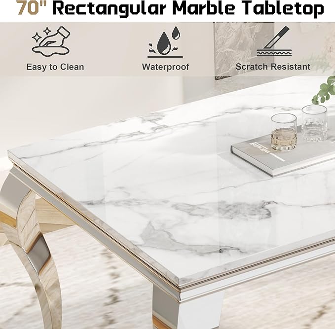 7-Piece Dining Table Set for 6, Modern Dining Room Set with 70'' Marble Dinner Table and 6 High-Back Upholstered Chairs, Stainless Steel Legs Table & Chair Set for Kitchen, Gray & Silver