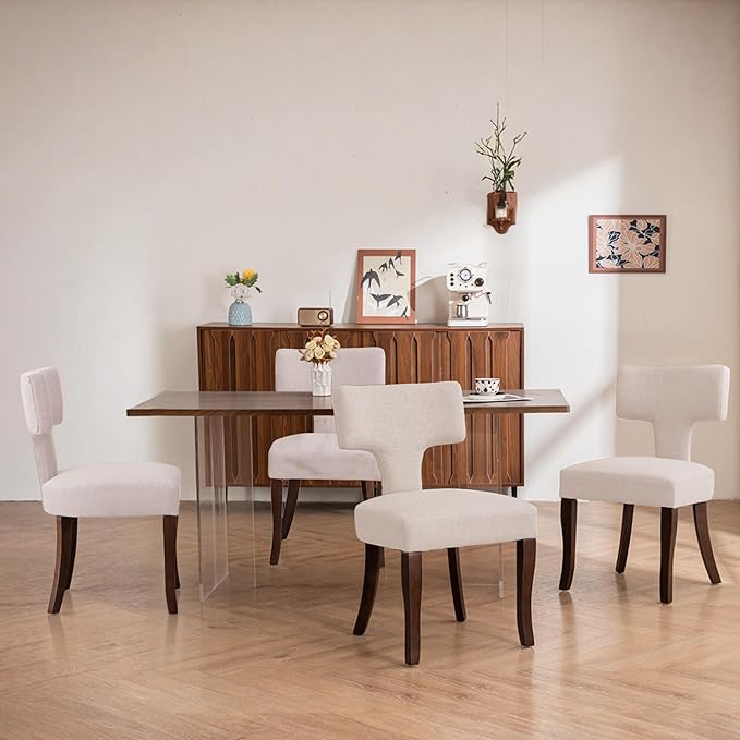 Mid Century Modern Dining Chairs Set of 4, Upholstered Side Dining Chairs with Curved Back Linen Fabric Armless Wood Chairs Kitchen & Dining Room Farmhouse Chairs (White)