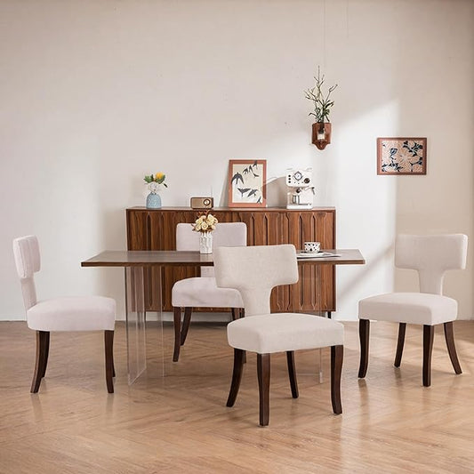 Mid Century Modern Dining Chairs Set of 4, Upholstered Side Dining Chairs with Curved Back Linen Fabric Armless Wood Chairs Kitchen & Dining Room Farmhouse Chairs (White)