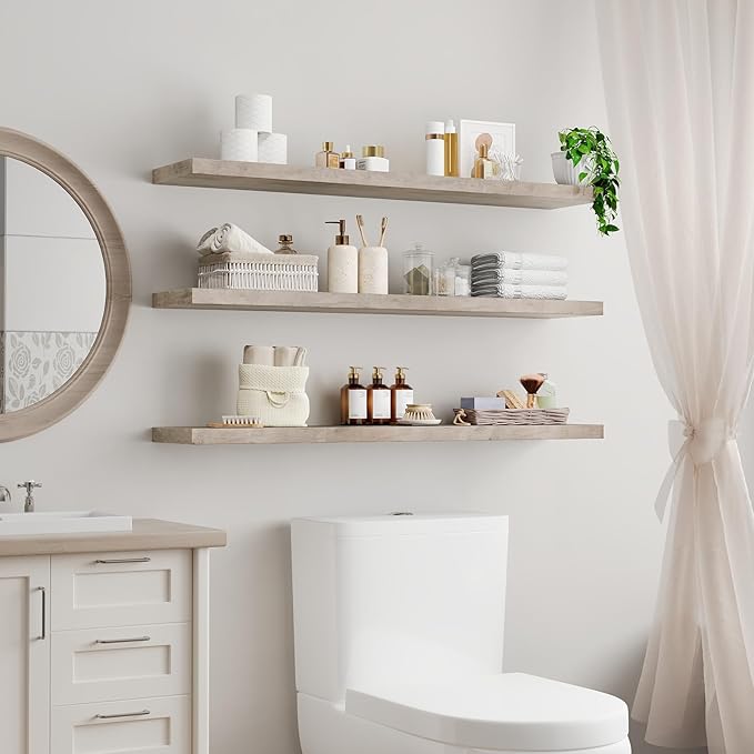 Floating Shelves for Wall, 1.5" Thick Wall Shelf Set of 3 with Invisible Brackets, L47.2 x W7.9 Hanging Book Shelves Farmhouse Home Decor for Bathroom, Living Room, Bedroom, Greige 12301BJP3BG