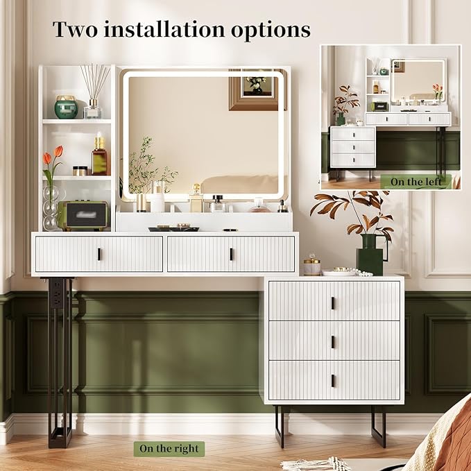 Large Vanity Desk with 3 Color Touch Screen Dimming Mirror, Vanity Desk with Charging Station, Modern Retractable Makeup Dressing Table, Makeup Table With storage shelves and 5 Sliding Drawers, White