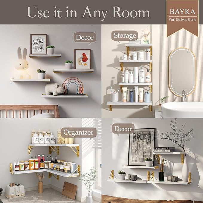 BAYKA Wall Shelves for Bedroom Decor, Floating Wall Shelf for Living Room Kitchen Storage, Mounted Rustic Wood Shelves for Kids Books, Christmas Decorations for Room(White and Gold，Set of 4)