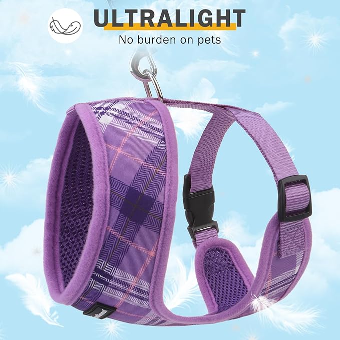 SCENEREAL No Pull Dog Harness Collar and Leash Set Small Medium Sized Dog, Soft Mesh Step in Puppy Harnesses, No Chock Plaid Adjustible Pet Vest for Outdoor Walking Training and Running, Purple M