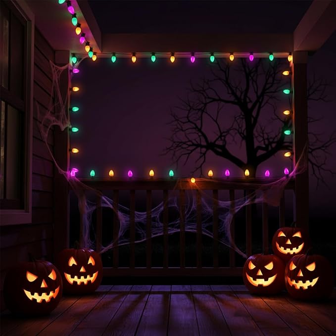Halloween Lights, 25Ft C7 LED String Lights with Orange, Purple & Green Bulbs, Energy-Efficient, Waterproof, UL Certified for Outdoor & Indoor Halloween Yard, Porch, Patio, Garden Decorations