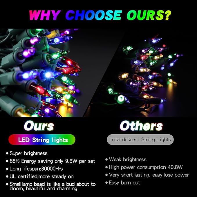 Colored Mini Christmas String Lights Plug in, 200 Count 40 Feet LED Mini Multicolor String Lights, Waterproof Christmas Decorations for Outdoor Indoor Patio Home Party Garden Yard Decor