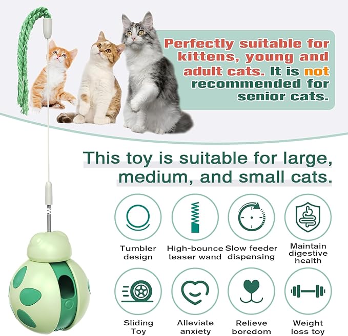 Interactive Cat Toys,Tumbler Design with High-Bounce Teaser Wand,Food Dispense Function for Slow and Healthy Feeder,Suitable for Kittens,Young and Adults Cats on Safe,Funny Play