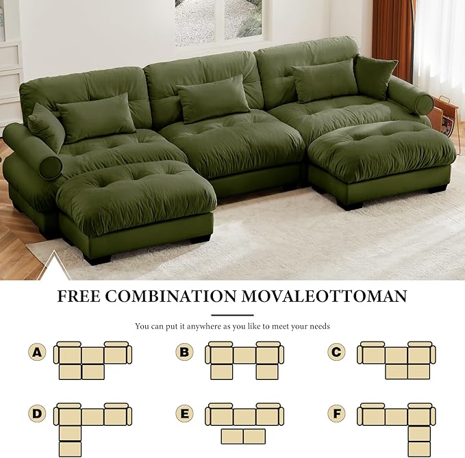 130"Oversized Couch, 3 Seater Modular Sectional Sofa, Olive Green Large U Shaped Sectional Couches for Living Room, Fluffy Couch Set, 3 Seater, Velvet Cloud Couches with Ottoman, Sofas for Living Room