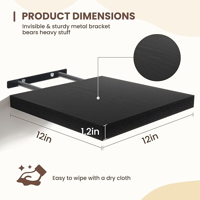 Fun Memories Floating Shelves for Wall - 12 Inch Square Shelves with Invisible Brackets, Black Small Wall Shelf for Living Room, Bathroom, Bedroom, and Kitchen Decor，Set of 4