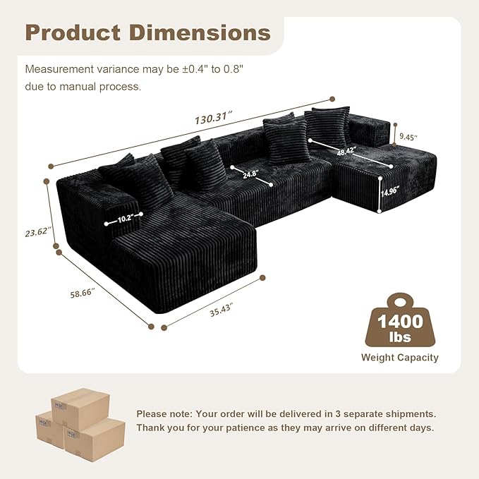 106'' Boneless Couches for Living Room, L Shaped Modular Sectional Sofa with Chaise Lounge, Faux Rabbit Fur & Layered Cushion Deep Seat Cloud Couch, No Assembly (Black, 130 U Shaped)