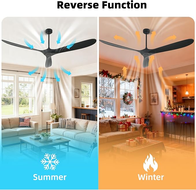 Ceiling Fan Without Light, 72 Inch Smart Wood Ceiling Fan no Lights, Compatible with Alexa/Google, 3 Natural Walnut Black Blades, Remote, Quiet Reversible DC Motor for Indoor Outdoor